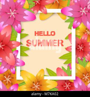Hi summer. A bright background with flowers lilies. Poster, invitation, banner. Vector illustration. Stock Vector