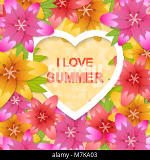I love summer. A frame in the form of heart against flowers of lilies for invitation cards, posters, banners. Vector illustration. Stock Vector