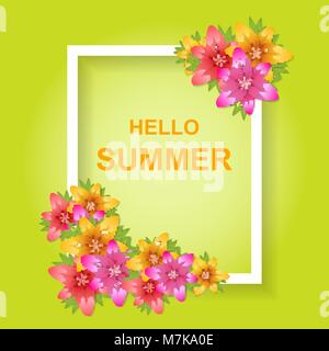 Hi summer. A bright background with flowers lilies. Poster, invitation, banner. Vector illustration. Stock Vector