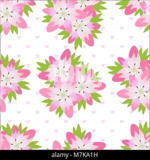 Seamless texture with bright flowers against from hearts. The blossoming lilies. Vector illustration. Stock Vector