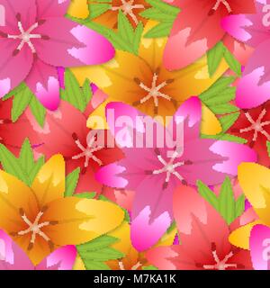 Seamless pattern from big, bright flowers of red, yellow, violet color. A bouquet from the blossoming lilies. Vector illustration. Stock Vector