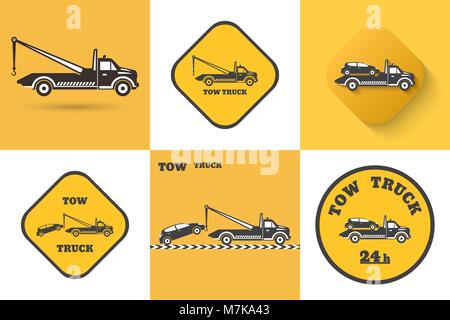 Set of Tow truck icon. Round the clock evacuation of cars. Design can be used as a logo, a poster, advertising, singboard. Vector element of graphic d Stock Vector