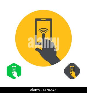 Icon a hand finger on the touch screen of phone. A vector illustration in flat style. Stock Vector
