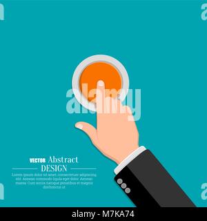 The hand in a suit presses the button. A vector illustration in flat style. Stock Vector