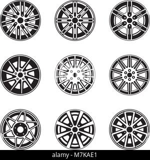 Set of car wheel and rim icons. Vector illustration Stock Vector