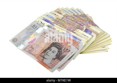 pile of British bank notes on white background Stock Photo