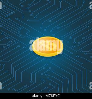 Coin bitcoin on a computer chip. Earnings cryptocurrency. Vector illustration . Stock Vector