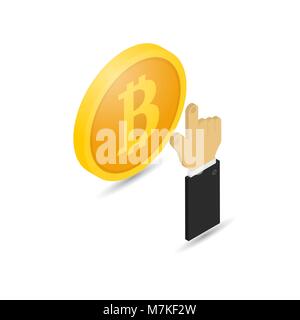 The businessman's hand presses a coin bitcoin. Earnings in the network of crypto-currencies. Vector illustration . Stock Vector