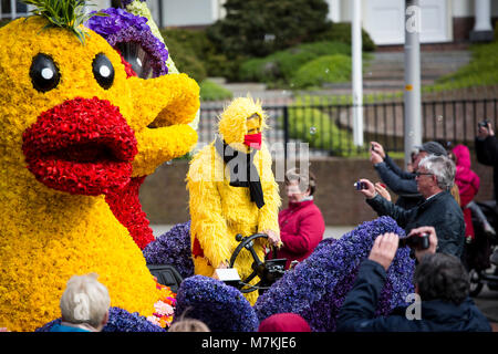 NORDWIJK, THE NETHERLANDS - APRIL 22, 2017: The Flower parade, Bloemencorso in Dutch, is an annual, colorful feast of beautiful flowers. The route is  Stock Photo