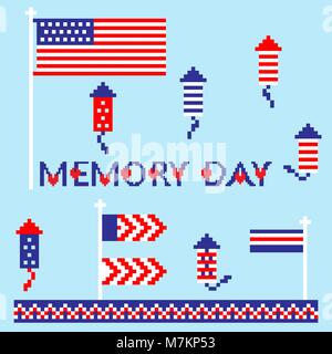 Modern abstract set of memorial, independence day, pixel art icons, isolated background. Stock Vector