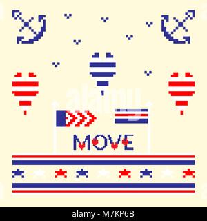 Modern abstract set pixel art icons, isolated background. Summer, holiday, vacation poster in blue, red and white color. Stock Vector