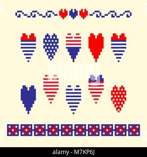 Modern abstract set pixel art icons, isolated background. Summer, holiday, vacation poster in blue, red and white color. Stock Vector