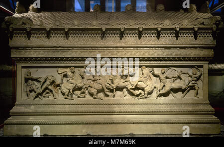 Alexander Sarcophagus. 4th century BC. Long side depicting Alexander and the Macedonians hunting lions with Abdalonymus and the Persians. Pentelic marble. From the Royal Necropolis of Sidon. Archaeological Museum. Istanbul. Turkey. Stock Photo