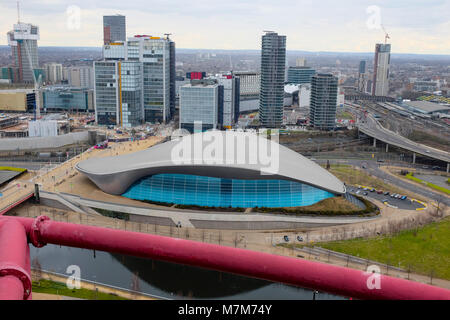 London Aquatics Centre and London Skyline, Stratford, London, UK Stock Photo