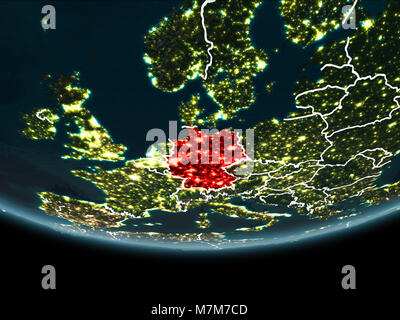 Germany highlighted in red on planet Earth at night with visible borders and city lights. 3D illustration. Elements of this image furnished by NASA. Stock Photo