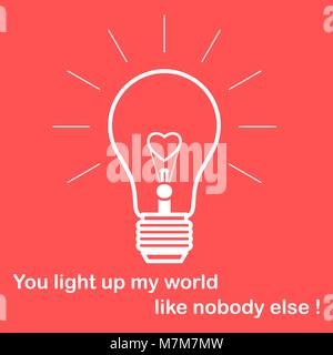 Glowing light bulb with glower in the shape of a heart and the inscription. Design for banner, poster or print. Greeting card Valentine's Day. Stock Vector