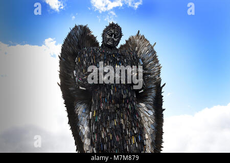 The Knife Angel sculpture made out 100,000 knives surrendered and collected in nationwide amnesties. The 27ft high sculpture created as a national monument against violence and aggression was designed and made by Alfie Bradley at the  British Ironworks Centre near Oswestry. Stock Photo