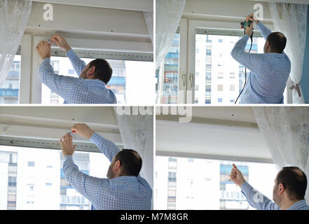 Four pictures showing a process of installing blinds. Measuring and marking, drilling, attaching elements with a screwdriver and pulling down the inst Stock Photo