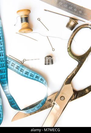 Overhead view of old sewing tools and accessories Stock Photo