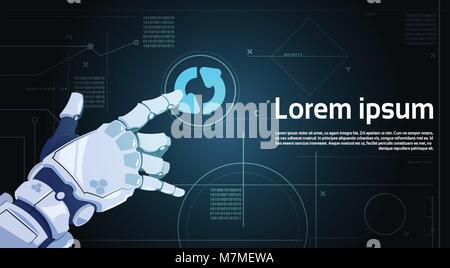 Robot Hand Touch System Update Button On Digital Screen Banner With Copy Space Stock Vector
