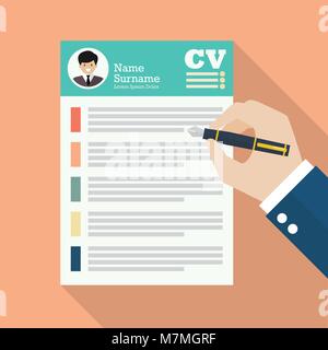 Hand writing Curriculum Vitae application paper sheet. Flat style vector Illustration Stock Vector
