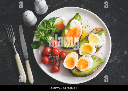 Poached egg and avocado toasts on white plate, top view, toned image. Healthy breakfast or lunch
