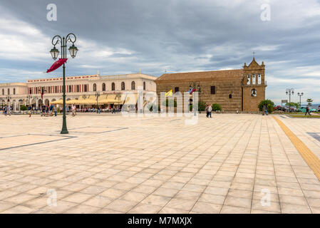 ZAKYNTHOS, GREECE - September 29, 2017: Main square and ancient church of St. Nicholas of the Mole in Zakynthos town. Greece Stock Photo