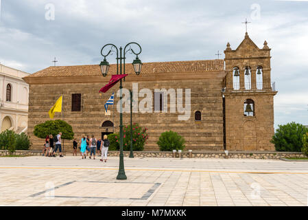 ZAKYNTHOS, GREECE - September 29, 2017: The ancient church of St. Nicholas of the Mole located on Solomos Square on the Ionian island of Zakynthos. Gr Stock Photo