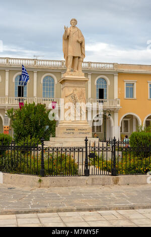 ZAKYNTHOS, GREECE - September 29, 2017: Dionysios Solomos statue in front of Byzantine museum in Zakynthos town, Greece. Stock Photo