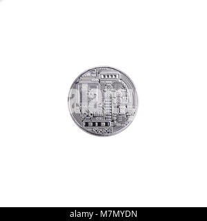 Silver bitcoin isolated on white background. Crypto-currency Stock Photo