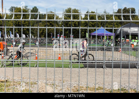 Athlete's triathlon bikes stored during Ironman 70.3 Pucon 2018 Stock Photo