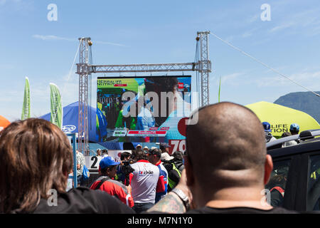 people cheering for athletes during Ironman 70.3 Pucon 2018 Stock Photo