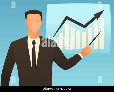 Analysis business conceptual illustration with businessman and growth graph. Image for web sites, articles, magazines Stock Vector