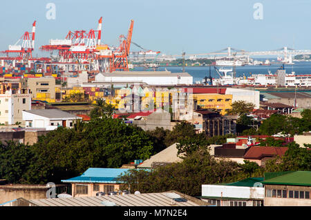 Aerial view of Cebu City port area and Mactan Island looking east, Philippines Stock Photo