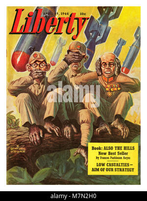 Vintage WW2 cover Liberty Magazine April 29 1944. The cover depicts Japanese soldiers perched on top of a tree limb within the jungle. Three Japanese soldiers (two privates and one decorated officer…who resembles Japan’s General and Prime Minister Hideki Tojo) with bombs falling in the background. Their hands and feet feature ape like features, exaggerated teeth, and posed in the famed speak no evil, see no evil, and hear no evil,  poses. Stock Photo