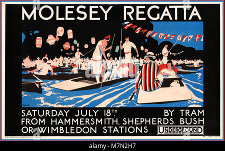 Vintage 1920's sports river competition poster for Molesey Regatta by London Transport produced to promote Underground travel to the event in the 1920s. Stock Photo