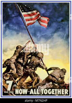 Vintage WW2  USA War Bond Poster iconic ‘Iwo Jima American Flag Raising’ - 'Now All Together - 7th War Loan'  The 7th war bond was painted by celebrated American artist C.C. Beall. This 7th war bond raised more than 156 billion dollars to help end World War II Stock Photo