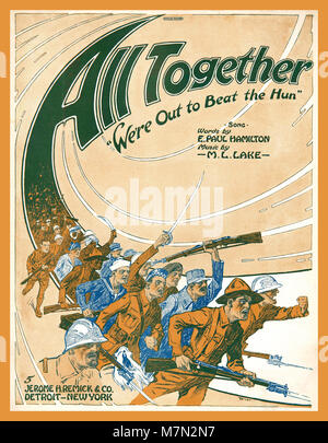 Vintage WW1 anti German music sheet 'All together we're out to beat the Hun' a 1918 music sheet song suggesting the rise of anti-German sentiment in the United States as World War I progressed.