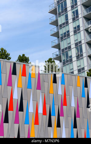 Colorful triangles design on the exterior wall of a modern building in Richmond, BC, Canada Stock Photo