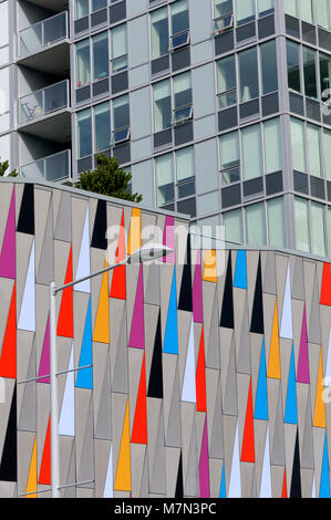 Colorful triangles design on the exterior wall of a modern building in Richmond, BC, Canada Stock Photo