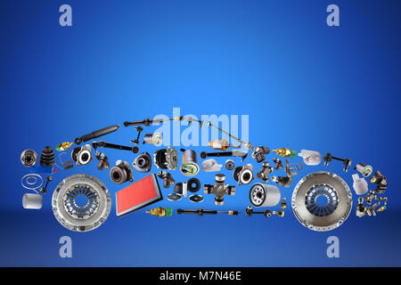 Passenger car assembled from new spare auto parts for shop aftermarket. Stock Photo