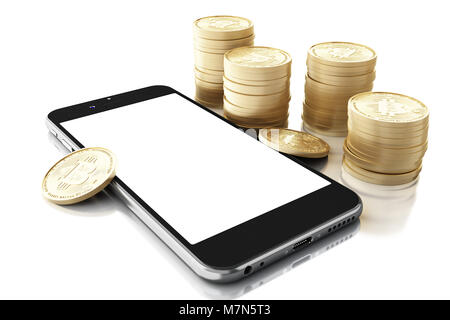 3d illustration. Smartphone with white screen and Bitcoin Cash. cryptocurrency concept. Isolated white background Stock Photo