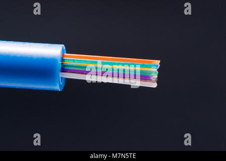 Color coded 250 micron optical fibers sticking out of 3 mm buffer tube Stock Photo
