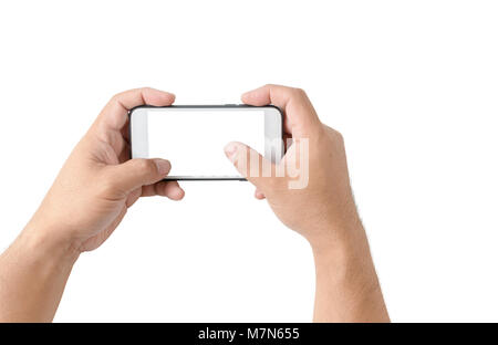 Two hands holding  smart phone with blank white screen isolated on white background , clipping path and copy space Stock Photo