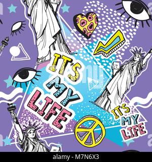 Retro style seamless colorful pattern. 80s fashion, 80s print. Memphis design elements and Statue of Liberty, America. Eighties style graphic template. East editable vector artwork. Stock Vector
