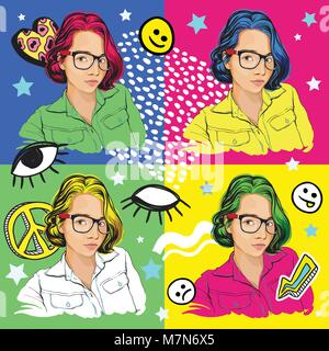 Beautiful asian girl portrait in 80s fashion. Pop-art style vector illustration. Hippie mood. 80s and 90s design elements. Best print and poster for your design. Stock Vector