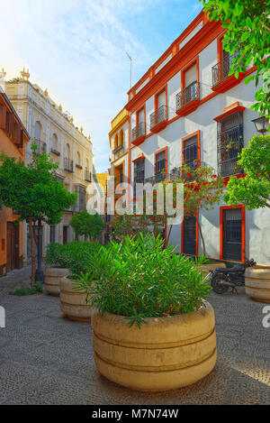Streets in downtown of the city Seville - is the capital and largest city of the autonomous community of Andalusia and the province of Seville, Spain. Stock Photo