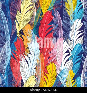 Seamless graphic pattern miracle multicolored feathers on a dark background Stock Vector