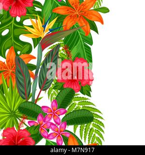 Seamless vertical border with tropical plants, leaves and flowers. Background made without clipping mask. Easy to use for backdrop, textile, wrapping paper Stock Vector