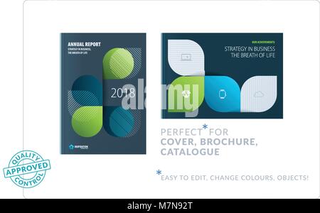 Creative design of business brochure set, abstract horizontal cover layout, flyer in A4 with green turquoise rounded shape for ecology, motion design, Stock Vector